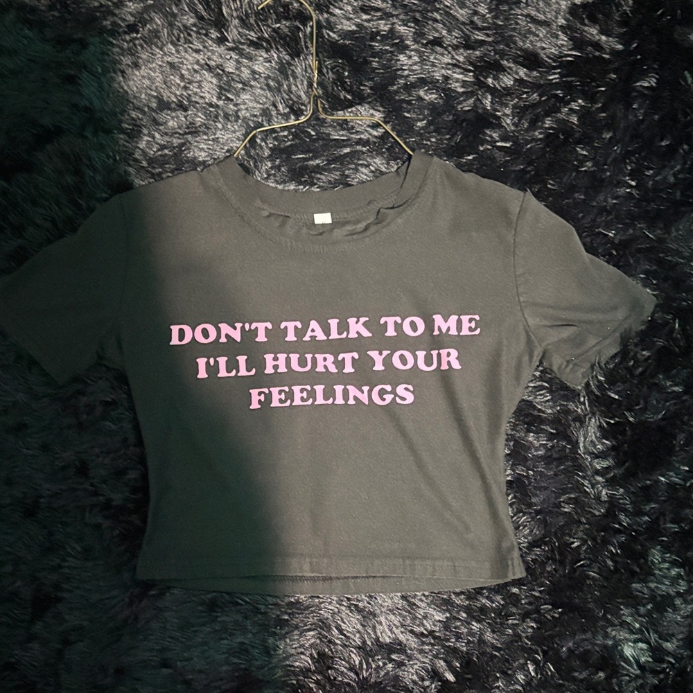 L.A. Idol Charcoal Crop Top with Pink Text